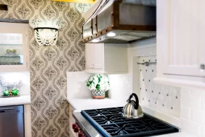 Bowdler stove area with white detail backsplash